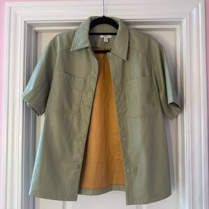 Topshop Sage Green Leather Jacket Short Sleeve Button Up Collar